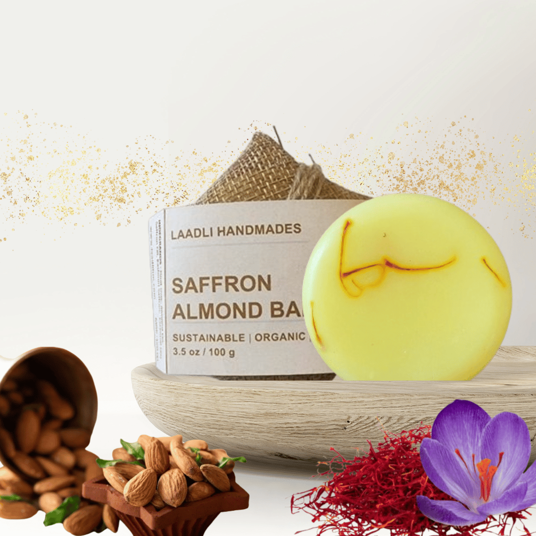 Saffron Almond Bar | 100% Handmade Organic Natural Soap | 85 gm | Almond | Remove skin pigmentation, Anti-tanning, Complexion enhancer, Eliminate dead skin cells, Vitamin A, B1, B2 & E, Reduce skin dryness, Inflammation, dark spots, and scars