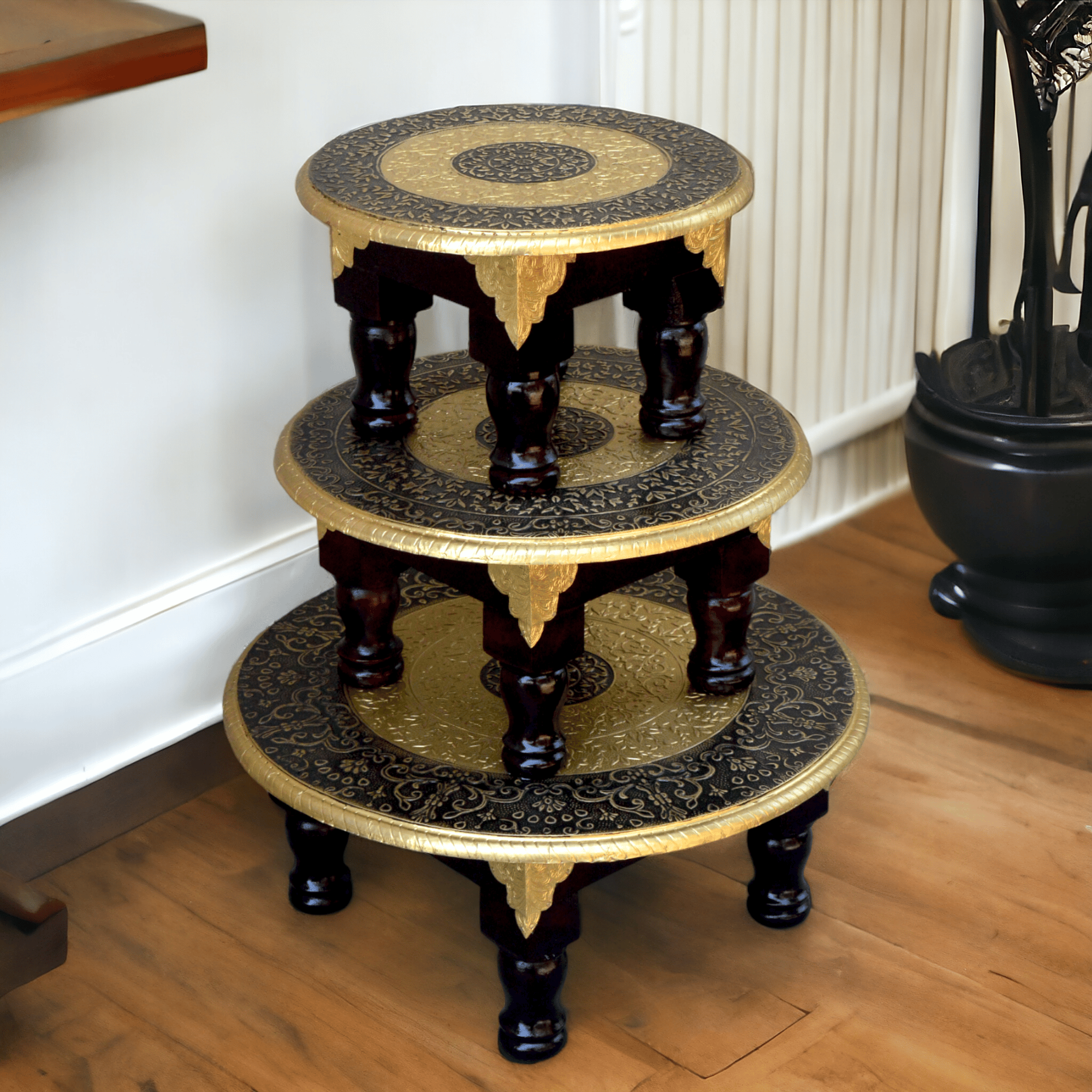 Pooja chowki / round shape / brass fited  / set of 3 stool / bajot / round bajot / ( set of 3 pcs)