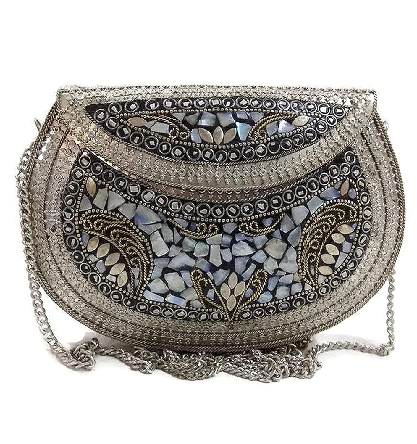 Women Antique Vintage Metal Mosaic Clutch Evening Bag Handcrafted Stone Handbag Purse Made in India (Silver)