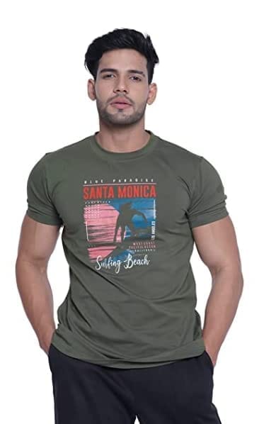 INtees Fashion Men's Premium Round Neck Olive Printed Cotton T-Shirt (XL)