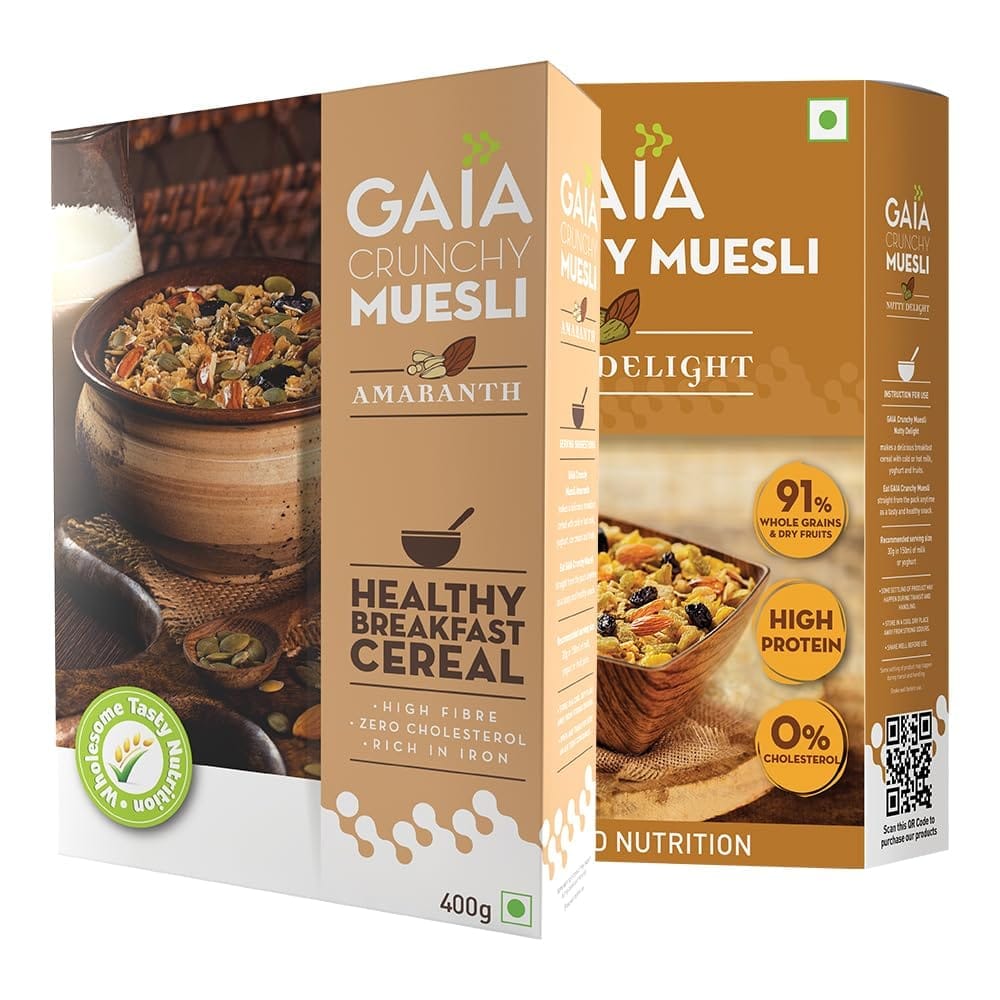 GAIA Muesli Combo Pack Nutty Delight 400 gm and Amaranth 400 gm|High Fiber| Source of Iron| No Trans Fat| Helps in weight management |combined with almonds and raisins| (Super Saver Pack)