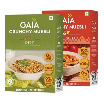 GAIA Muesli Combo Pack Real Fruit 400 gm and Diet 400 gm| High Fiber|No Trans Fat| Loaded with essential nutrients|Rich in Protein|No cholesterol||Helps in weight managementLight and wholesome breakfast choice (Super Saver Pack)