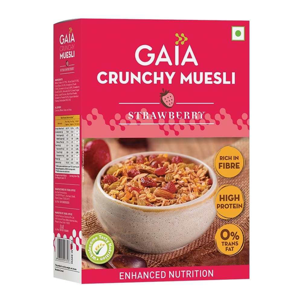 Gaia Crunchy Muesli- Strawberry. Power-packed low calorie healthy breakfast, High Fiber,Source of Iron,No Trans Fat,No Cholesterol,Nutritious breakfast choice |400 gm