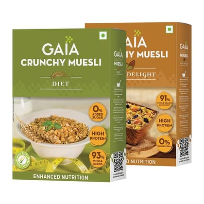 GAIA Muesli Combo Pack Nutty Delight 400 gm and Diet Sugar free 400 gm| High Fiber |No Trans Fat | Essential nutrients | Rich in Protein|| No cholesterol| Helps in weight management (Super Saver Pack)