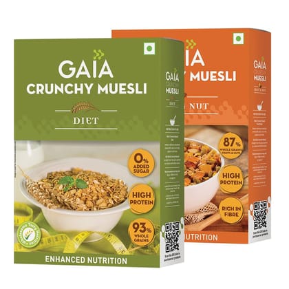 GAIA Crunchy Muesli Combo Pack Fruit and Nut 400 gm + Diet sugar free 400 gm |High Fiber| No Trans Fat| Loaded with essential nutrients| Rich in Protein| No cholesterol Helps in weight management| Light and wholesome breakfast choice(Super Saver Pack)