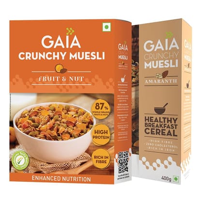 GAIA Crunchy Muesli Combo Pack Fruit and Nut (400 gm) and Amaranth (400 gm) with essential vitamins, minerals, and antioxidants, High in fiber, protein, with zero trans fat (Super Saver Pack)