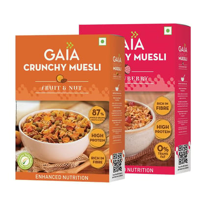 GAIA Crunchy Muesli Combo Pack Fruit and Nut (400 gm) and Strawberry Muesli (400 gm) | Ideal Breackfast | Nutrient Rich | with Iron, Fibre, Antioxidents(Super Saver Pack)