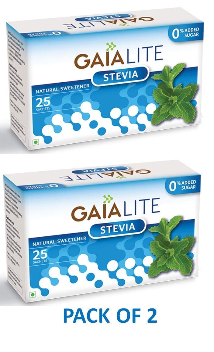 Gaia Stevia 25 Sachets, Natural & Sugarfree Sweetner, Zero Calorie, Quick Dissolve Pellets Sweetener, Healthy Substitute for Sugar, 25 Sachets Pack (Pack of 2)