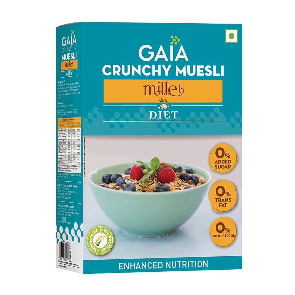 Gaia Crunchy Millet Muesli Chocolate & Cranberry | High in Dietary Fibre | Low Sugar| Zero Trans-Fat | Zero Cholesterol | rich source of omega 3 fatty acids 400G