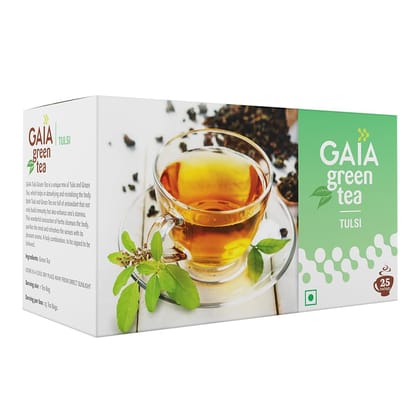 Gaia Tulsi Green Tea - Organic Nutrient-Rich Antioxidant Beverage for Weight Loss, Stress Relief, Anti-Aging, and Immune Support, Nutrient-Packed, Aids in Digestion (25 Tea Bags)