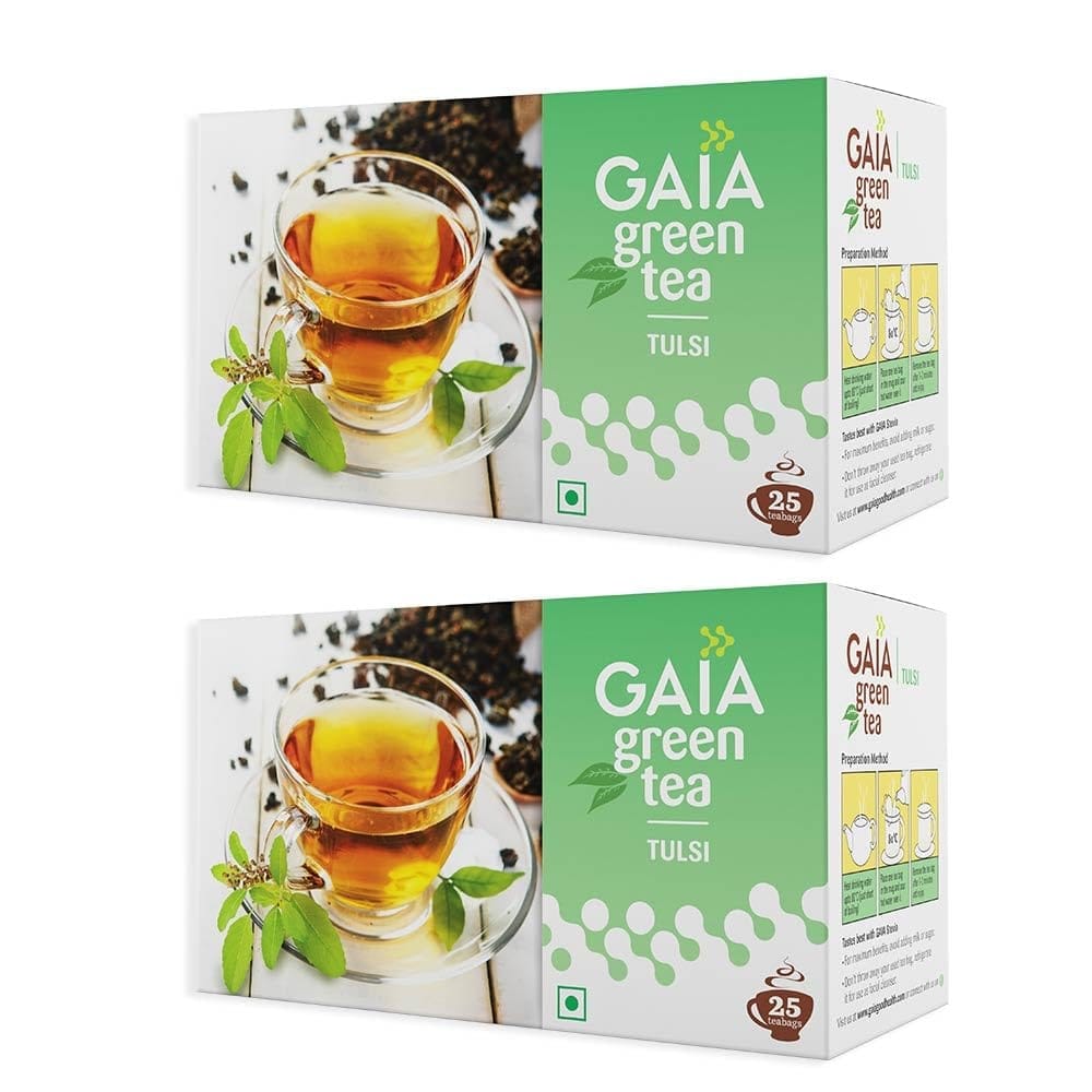 Gaia Tulsi Green Tea 25 Tea Bags | Antioxidants | Build Immunity | Fight Infections | Improving Metabolism| Detoxifying the Body | Regular consumption supports weight loss (Pack of-2)