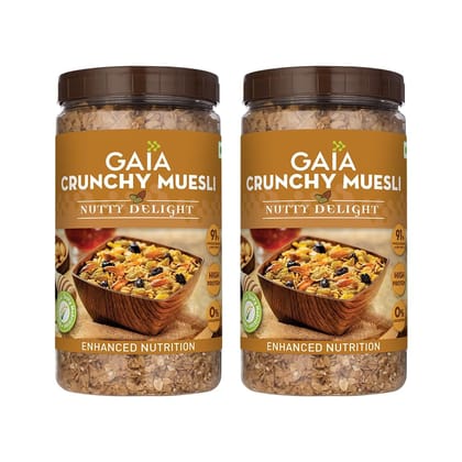 GAIA Nutty Delight Crunchy Muesli 1 kg jar (Pack of 2) - A Perfect Blend of Multigrains, Nuts, Oats and Cornflakes The Ultimate Healthy and Delicious Breakfast Cereals.