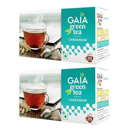 Gaia Green Tea - Cardamom Flavored, Metabolism Boost, Antioxidant-Rich - Enhances Blood Circulation, Supports Weight Loss, Facilitates Detox - 2x25 Tea Bags