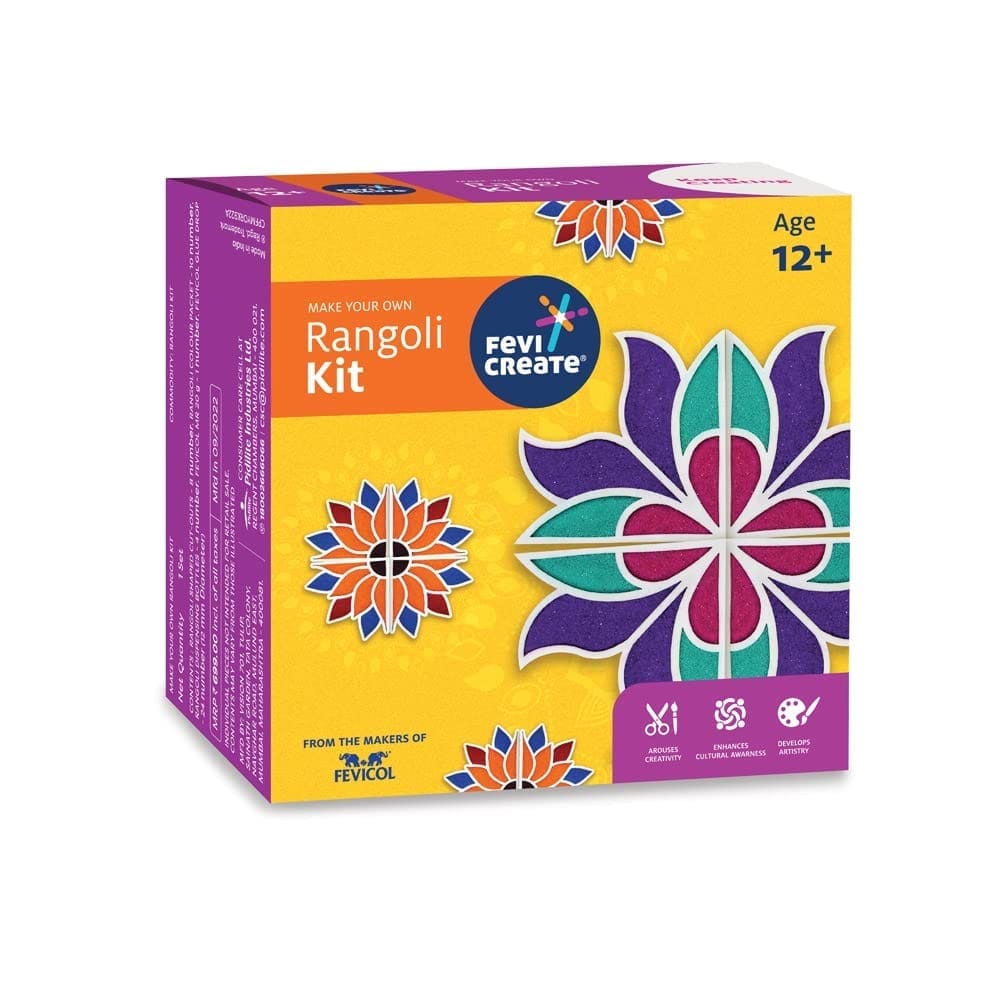 Fevicreate Rangoli Kit with Ready to Fill Rangoli Stencils for Diwali, Dusshera &  Other Festivals, Kit Contains Rangoli Stencils, 10 Rangoli Colours, 4 Rangoli Dispensing Bottles &  More, Age 12 years+