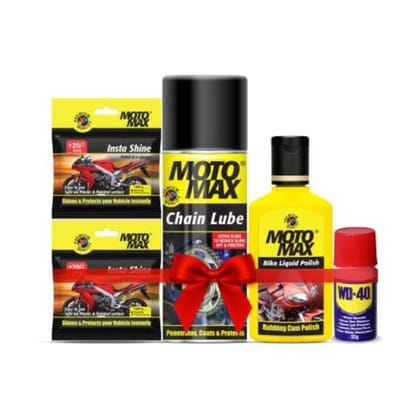 Motomax Bike Basic Care Kit  Cleans, Protects and Shines Interiors/Exterior of Bike, Motorcyles  Includes Chain Lubricant, Instashine, WD 40 and Bike Liquid Polish Combo