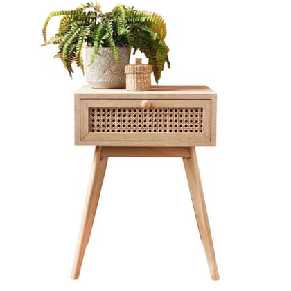 Manju Art Creations Urban Paradise Vintage Cane Wooden Bedside Table Natural Wood Side Accent for Living Room and Bedroom