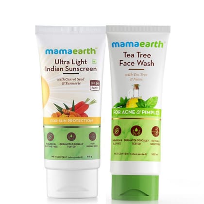 Mamaearth Ultra Light Indian Sunscreen SPF50 PA+++ With Turmeric & Carrot Seed (80 gm) + Mamaearth Face Wash With Tea Tree Oil And Neem Extract For Acne &Pimples (100ml) COMBO