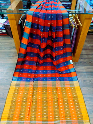 Multicolour Tusser Silk Saree Check  With Strip Blouse