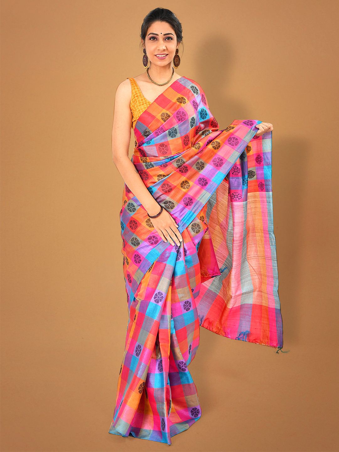 Tusser Silk Multicolour Saree With Blouse