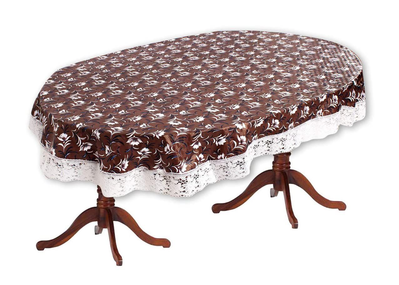 CRAFT CITY Brown Color Flower Print Dining Table Cover for 4 to 6 Seater Table Cloth/Water and dust with Oil-Proof PVC Oval Shape