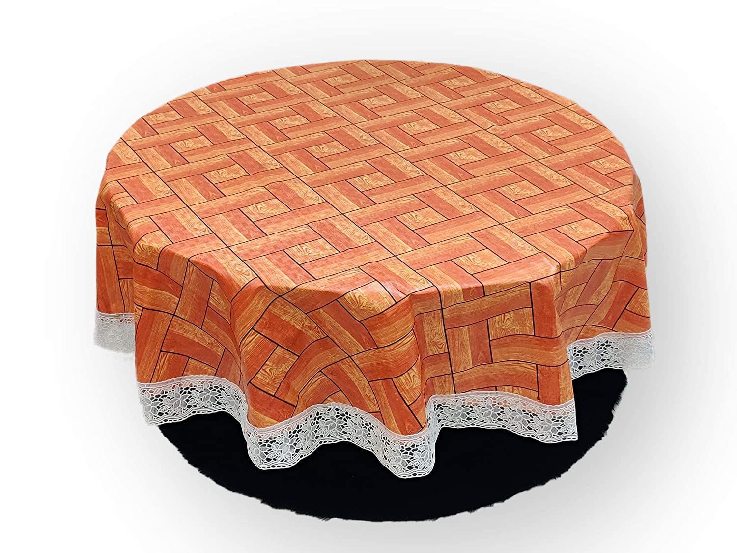 CRAFT CITY Orange Color Wood Design Center/Dining Table Cover for 2/4 Seater Table Cloth/Water and dust with Oil-Proof PVC Round Shape