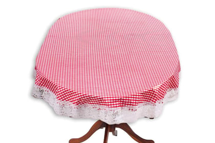 CRAFT CITY Red Color Check Print Dining Table Cover for 4 to 6 Seater Table Cloth/Water and dust with Oil-Proof PVC Oval Shape