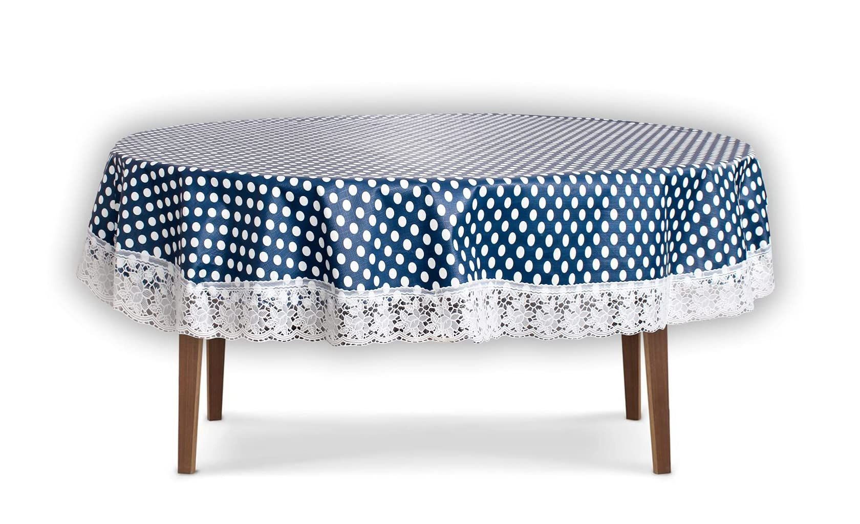 CRAFT CITY Blue Color Polka Dots Print Dining Table Cover for 4 to 6 Seater Table Cloth/Water and dust with Oil-Proof PVC Oval Shape