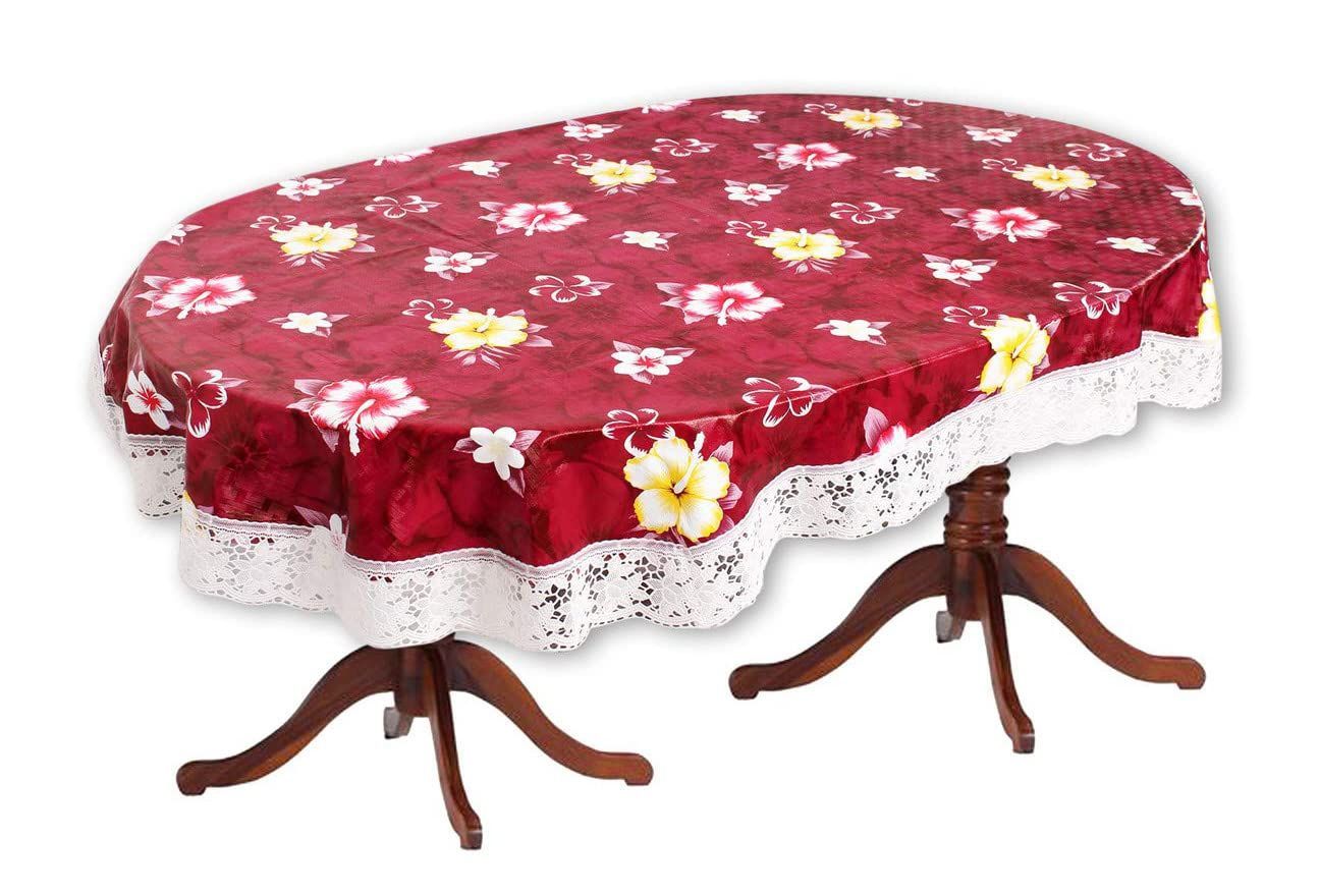 CRAFT CITY Maroon Color Flower Print Dining Table Cover for 4 to 6 Seater Table Cloth/Water and dust with Oil-Proof PVC Oval Shape