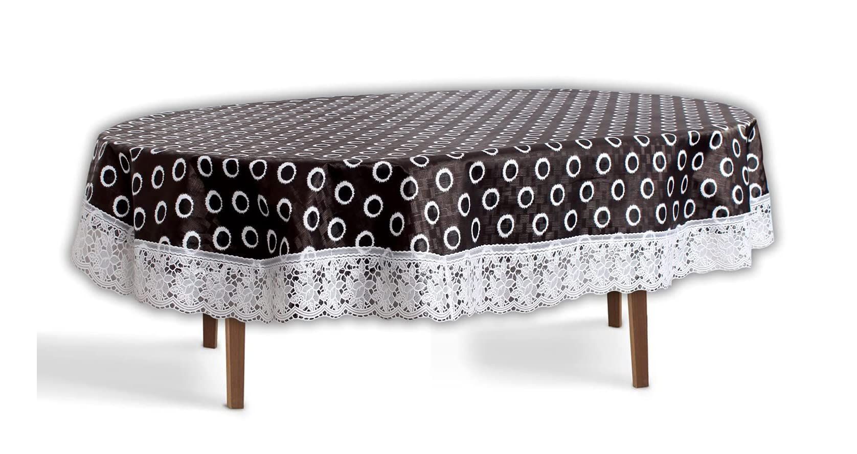 CRAFT CITY Black Color Polka Dots Design Dining Table Cover for 4 to 6 Seater Table Cloth/Water and dust with Oil-Proof PVC Oval Shape