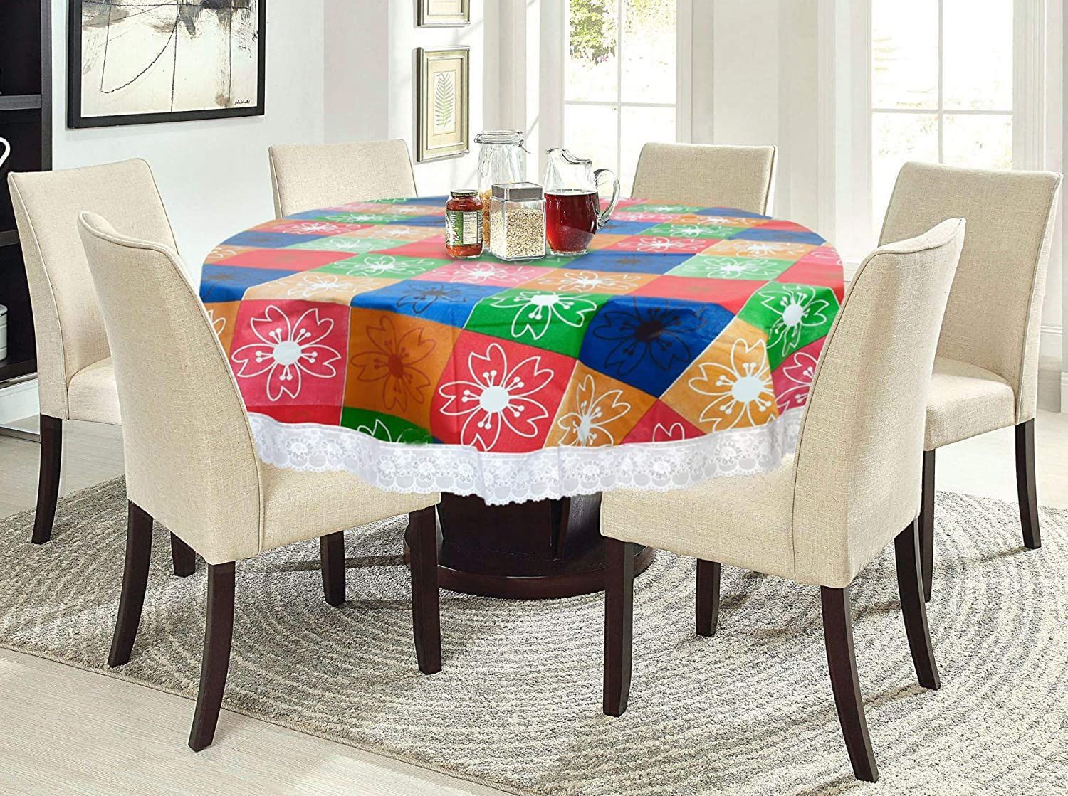 CRAFT CITY Multi Color Flower Design Center/Dining Table Cover for 2/4 Seater Table Cloth/Water and dust with Oil-Proof PVC Round Shape