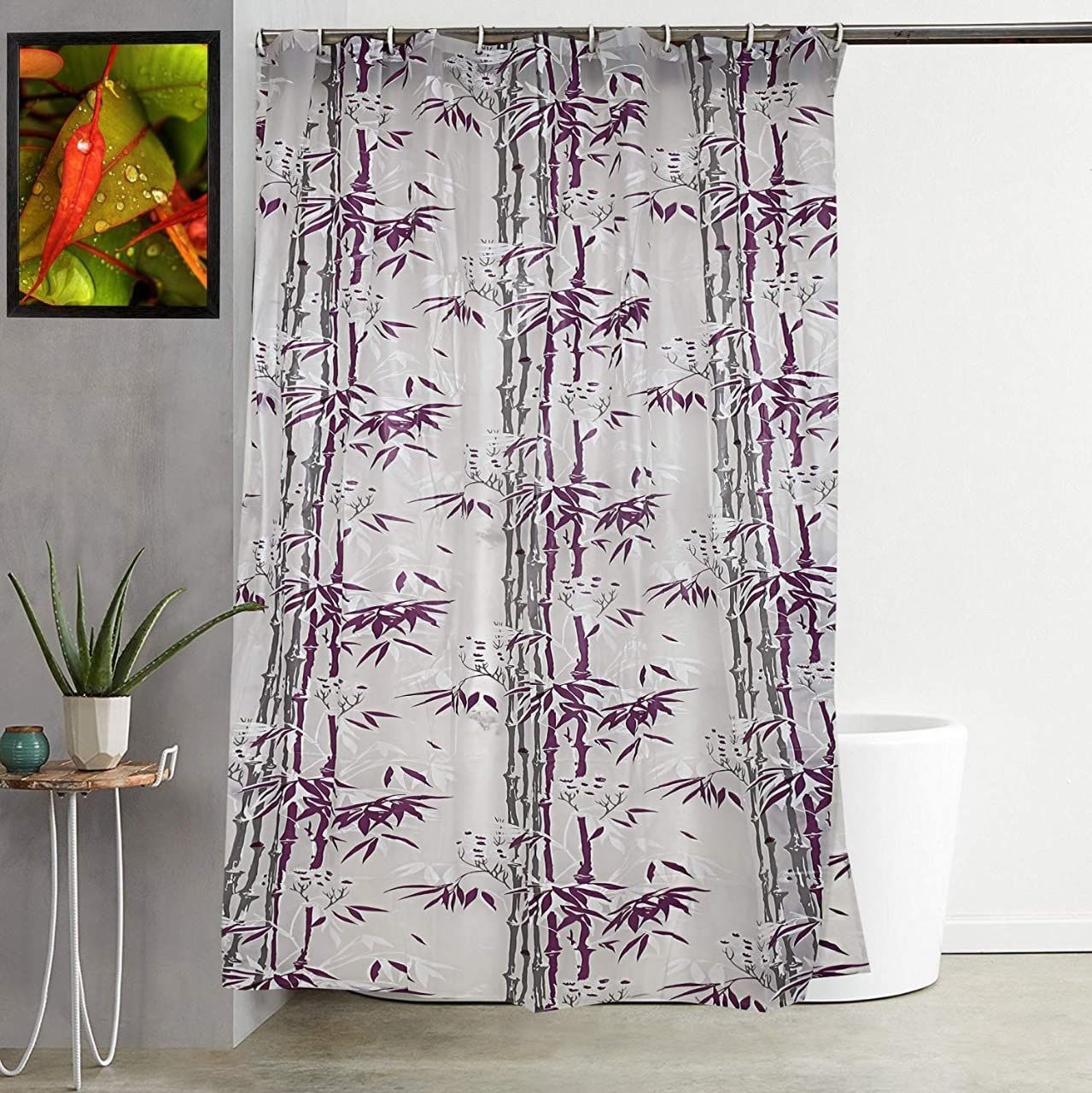 CRAFT CITY PVC Printed Bamboo Bathroom Shower Curtain with Hooks (Purple)