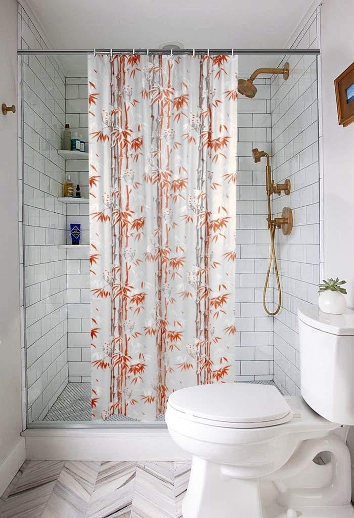 CRAFT CITY PVC Printed Bamboo Bathroom Shower Curtain with Hooks (Orange)