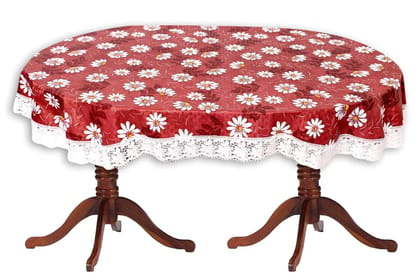 CRAFT CITY Red Color Flower Print Dining Table Cover for 4 to 6 Seater Table Cloth/Water and dust with Oil-Proof PVC Oval Shape (54x78 inch)