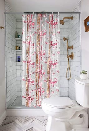 CRAFT CITY PVC Printed Bamboo Bathroom Shower Curtain with Hooks (Pink)