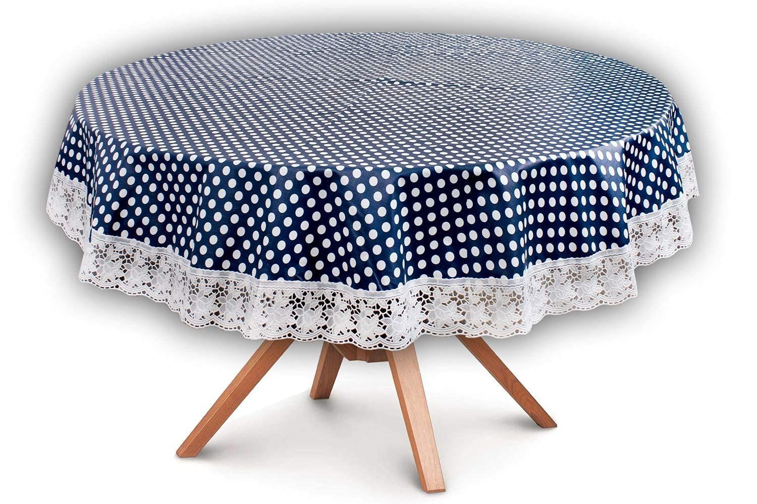 CRAFT CITY Blue Color Polka Dots Design Center/Dining Table Cover for 2/4 Seater Table Cloth/Water and dust with Oil-Proof PVC Round Shape