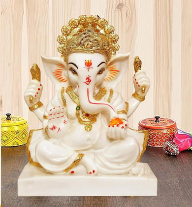 Vishu Store: Handicraft Marble Dust Large Ganesha Idol, Ganpati, Vinayak, White & Golden Color Ganesh Ji Ki Murti Statue/Idol for Home Temple Puja Room 9.5 Inches Pack of 1