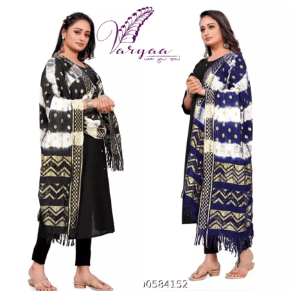 Varyaa Designer Women`s Original Bandhej Dyed Russle Silk Gold Zari Work Dupatta Combo Of 2 (Black,:Blue)