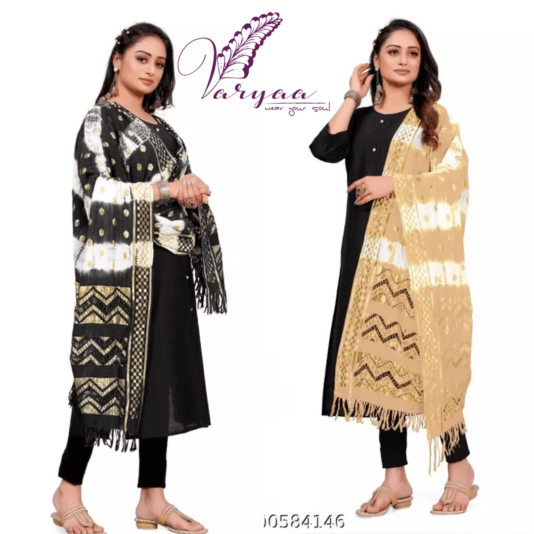 VARYAA DESGINER WOMEN`S ORIGINAL BANDHEJ DYED RUSSLE SILK GOLD ZARI WORK DUPATTA COMBO OF 2 (BLACK::GOLD)