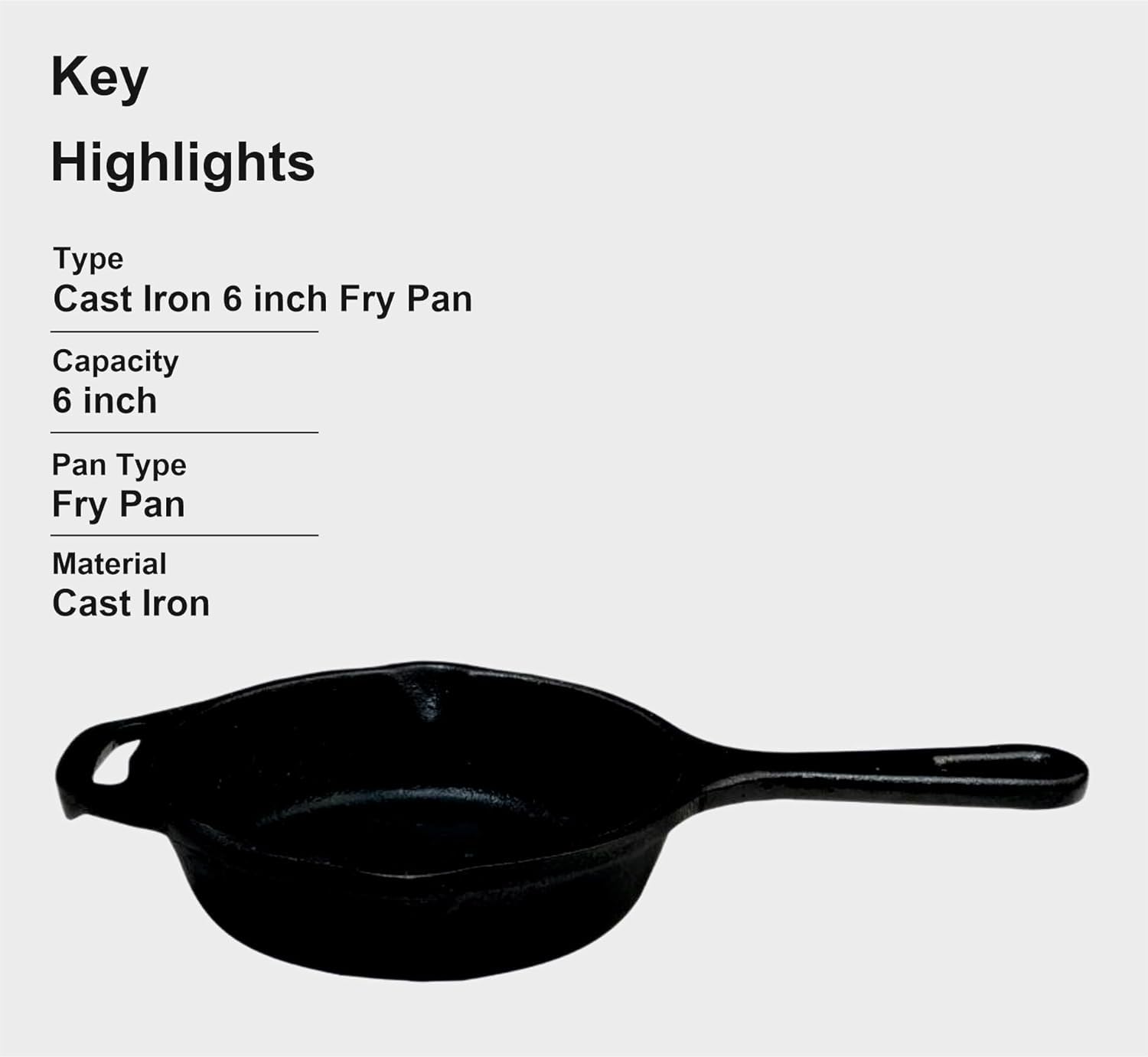 Preet Cookware 6 Inch Cast Iron Fry Pan Skillet Pan Fry, Mini Super Smooth Frying Pan- Black