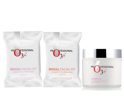 O3+ Bridal Facial Kit for Radiant & Glowing Skin (54gm+66ml) + O3+ Bridal Facial Kit Vitamin C Glowing Skin (67gm+69ml) + O3+ D-Tan Professional Pack For De Tan (300g) Pack of 3