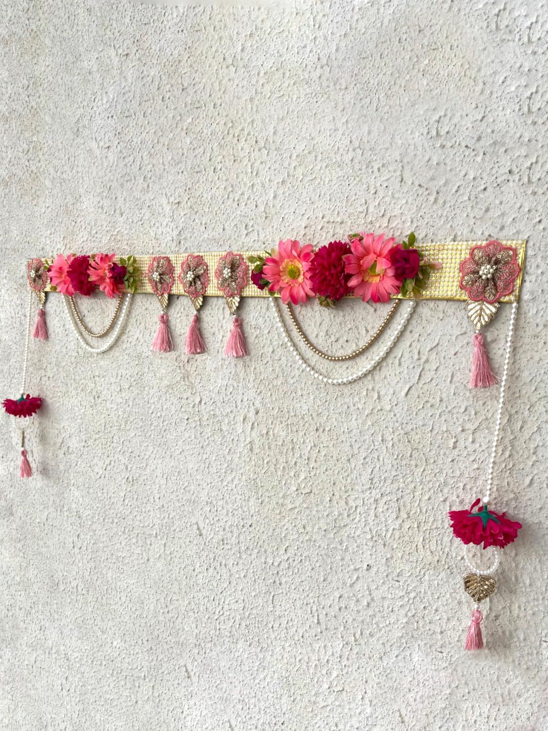 ABC Enchanting Indian Main Door Hanging Toran with Pink and Red Flowers for Pooja Room Decor - Handcrafted Elegance with Side Hanging & Auspicious Housewarming Gift (42 in)