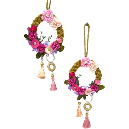 Art By Chaitasi Golden Handmade Wreath Pair for Door and Office Interior | Real-Looking Artificial Flowers | Tassel and Pearl Accents | Medium Size | Home and Office Decor |