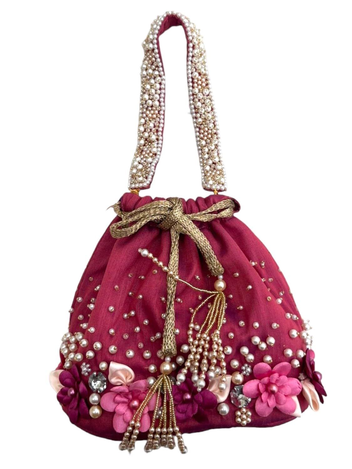 Art By Chaitasi Elegant Handmade Red Premium Raw Silk Potli Bag for ladies | bucket bag style and wedding with Stone, Pearl, and handwork with pearl handle