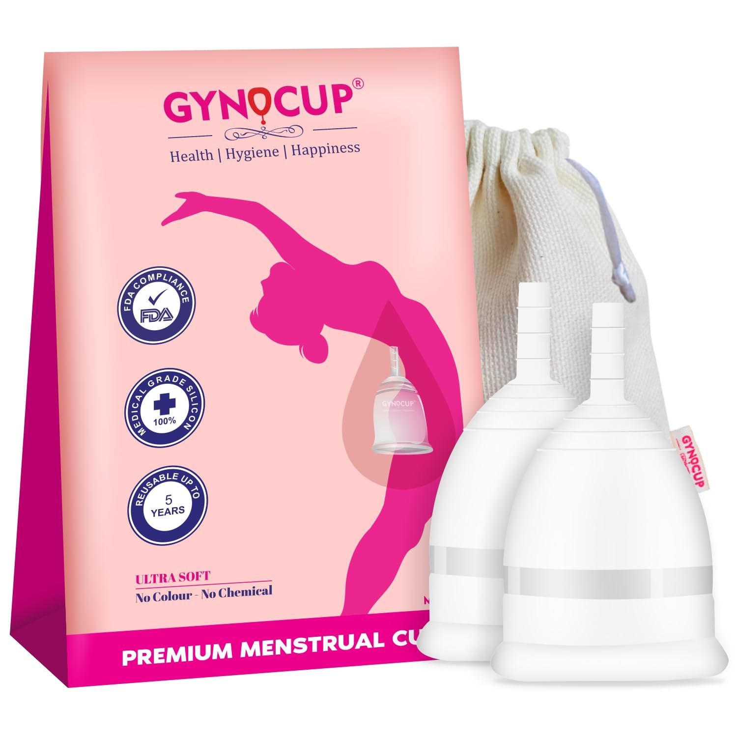 GynoCup Premium Menstrual Cup for Women | Ultra Soft, Odour & Rash Free, No Leakage, Protection For Upto 10-12 Hours (Pack of 2) (Large) (Large) (Large)