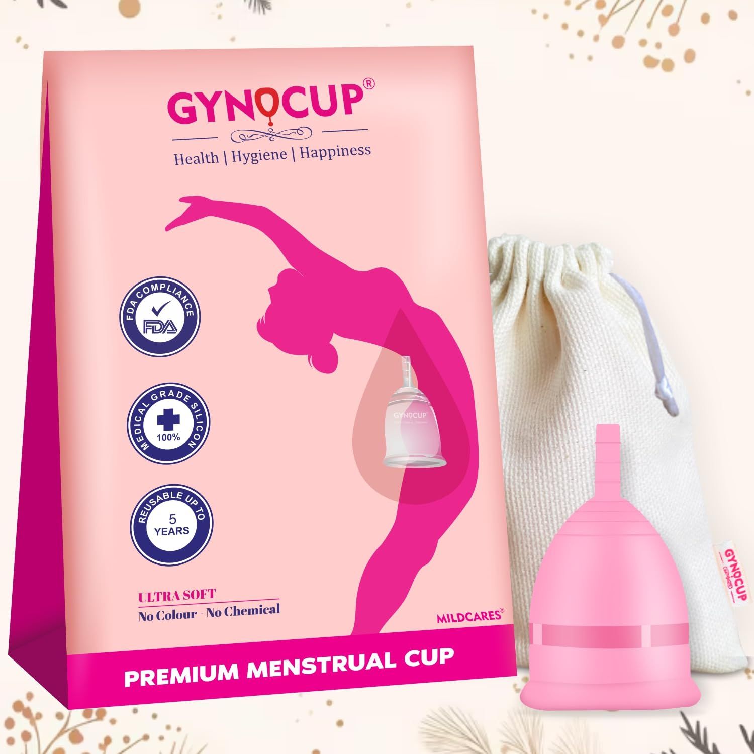 GynoCup Reusable Menstrual Cup for Women | with Pouch, Ultra Soft, Odor and Rash Free, No Leakage, Protection for Up to 10-12 Hours, FDA Approved Menstrual Cup