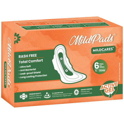 MildCares Ultra-thin Sanitary Pads XL- Advanced Protection with Anion Chip Technology | Leak-proof shield | Rash Free | Anti-Bacterial | Total Comfort XL 280mm (Pack 0f 6)