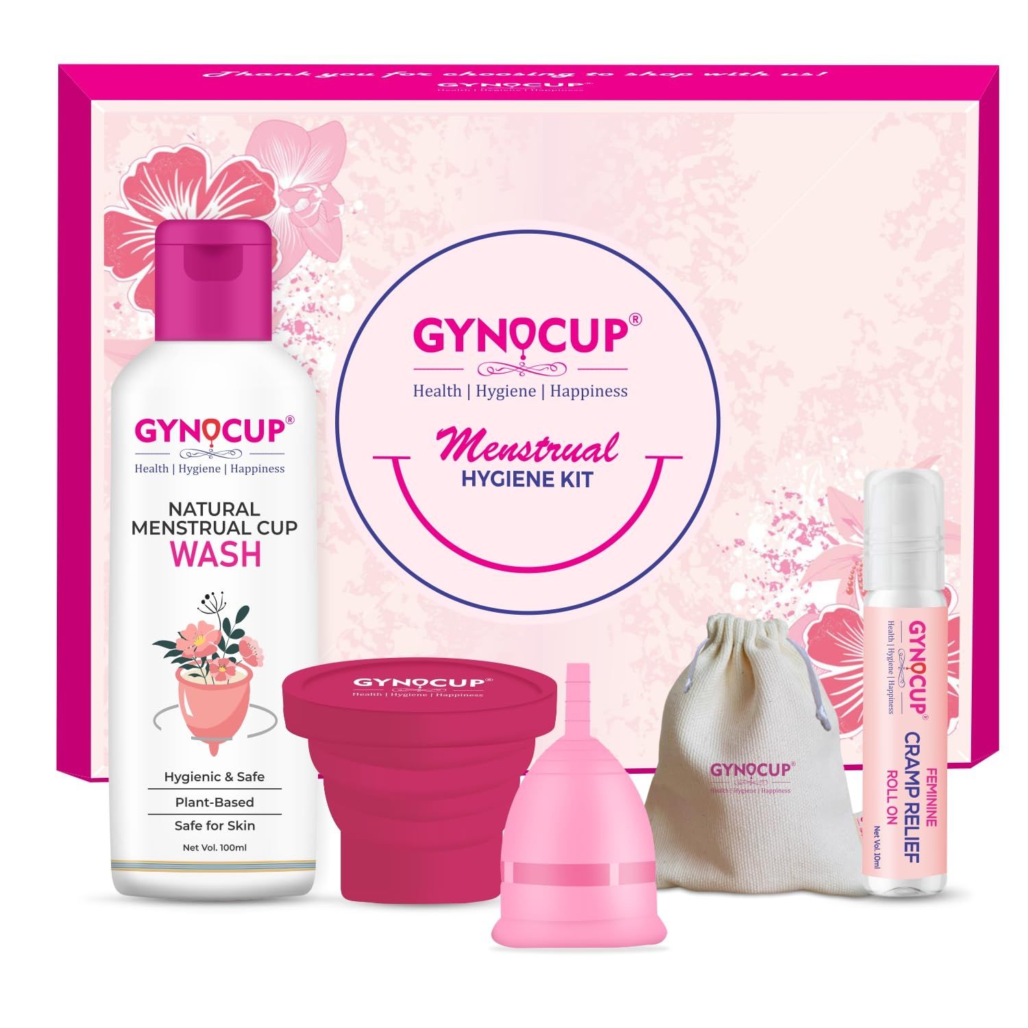 GynoCup Menstrual Cup for Women | Medium Size | With Menstrual Cup Sterilizer, Menstrual Cup Wash & Period Pain Relief Roll-on | No Leakage Protection Up to 10-12 Hours, FDA Approved (Medium) (Pink)