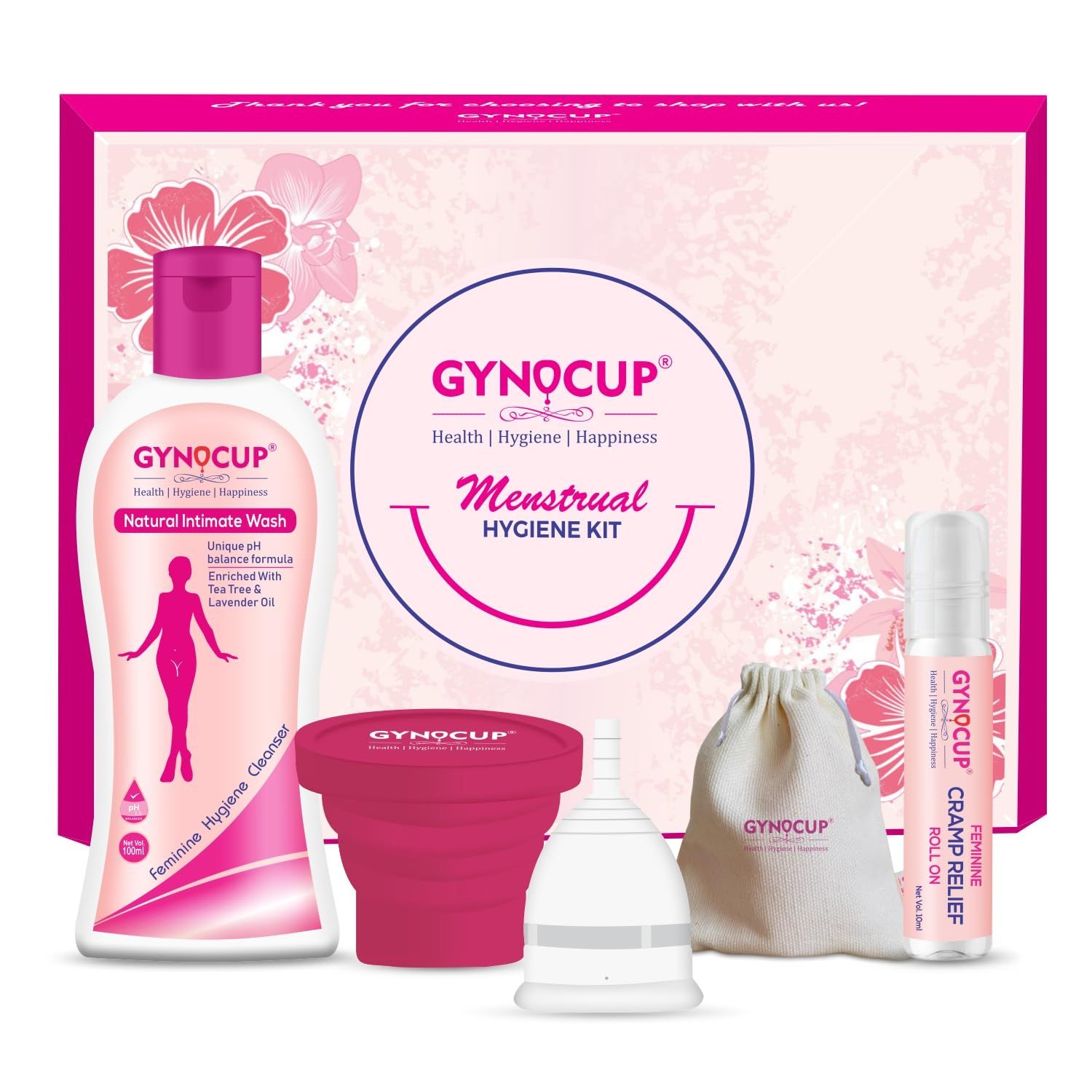 GynoCup Menstrual Cup for Women | Large Size | With Menstrual Cup Sterilizer, Female Intimate Wash & Period Pain Relief Roll-on | No Leakage Protection Up to 10-12 Hours, FDA Approved (Large) (White)