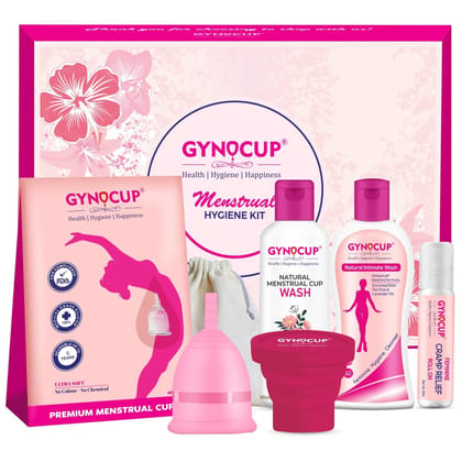 GynoCup Menstrual Cup for Women | Medium Size | With Menstrual Cup Sterilizer, Female Intimate Wash, Menstrual Cup Wash & Period Pain Relief Combo kit No Leakage Protection Up to 10-12 Hours | (Medium) (Pink)