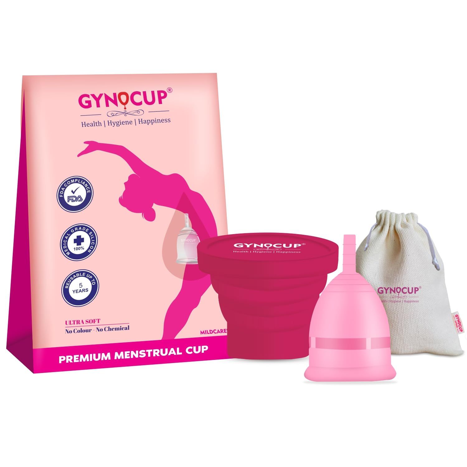 GynoCup Reusable Menstrual Cup for Women | with Pouch, Ultra Soft, Odor and Rash Free, No Leakage, Protection for Up to 10-12 Hours, FDA Approved Menstrual Cup (Pink Medium) (Small)